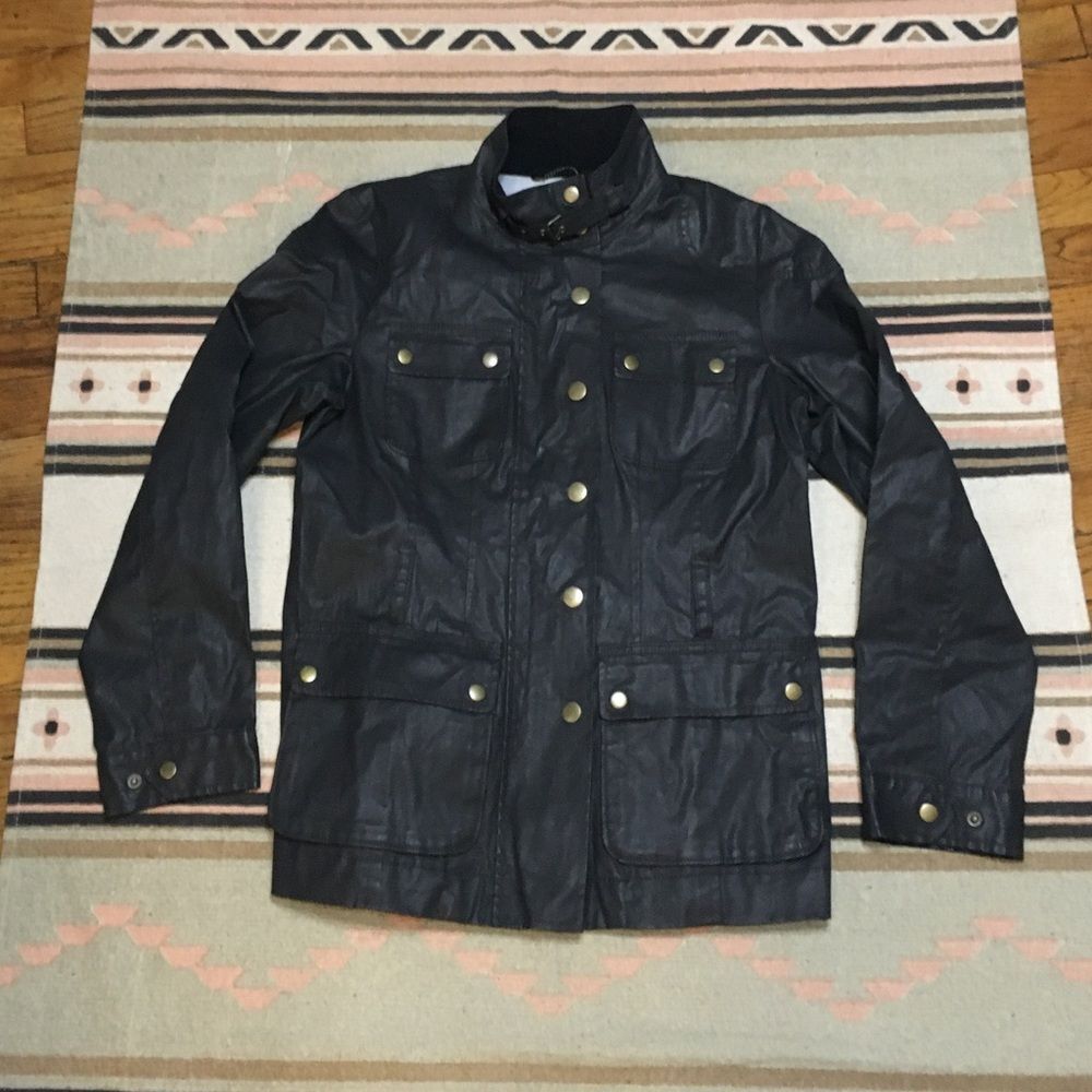 Banana Republic Medium waxed canvas long sleeve rain jacket coat snap button zip